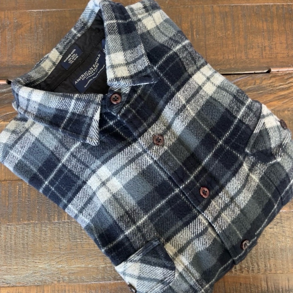 American Eagle Outfitters Navy and White Plaid Wool Blend Shirt Jacket Men’s XXL